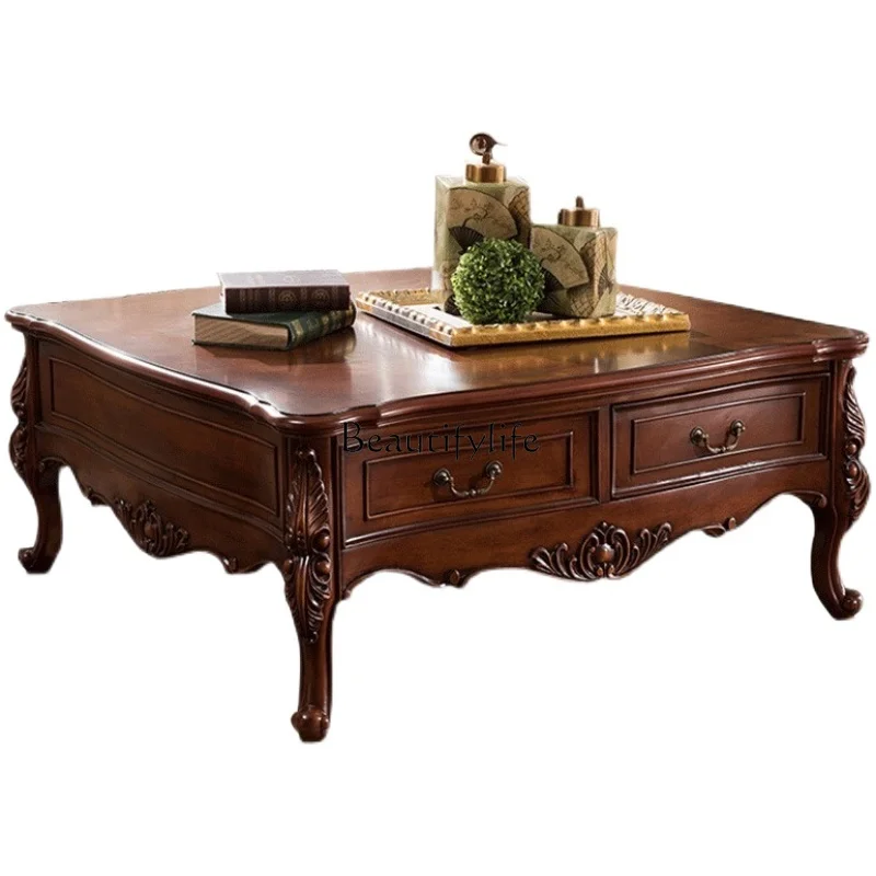 

-*American solid wood square coffee table European style with pumping locker tea table retro simple