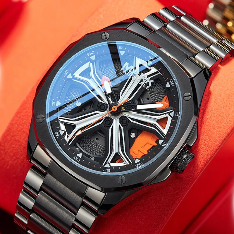 

Mark Fairwhale 5060 Men's Fashion Wheel Diameter Rotating Dial Watch Waterproof Luminous Quartz Steel Strip Watches for Man