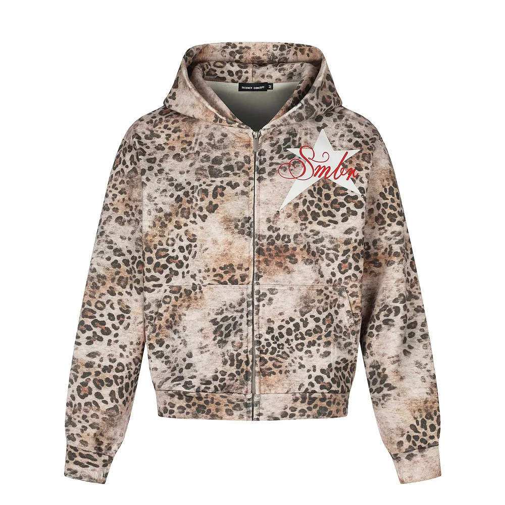 MWJLPWQ Hiphop Style Leopard Print Distressed Hooded Sweatshirt Men's Zip-Up Jacket American Trendy Loose-Fit Tops 2026 21546