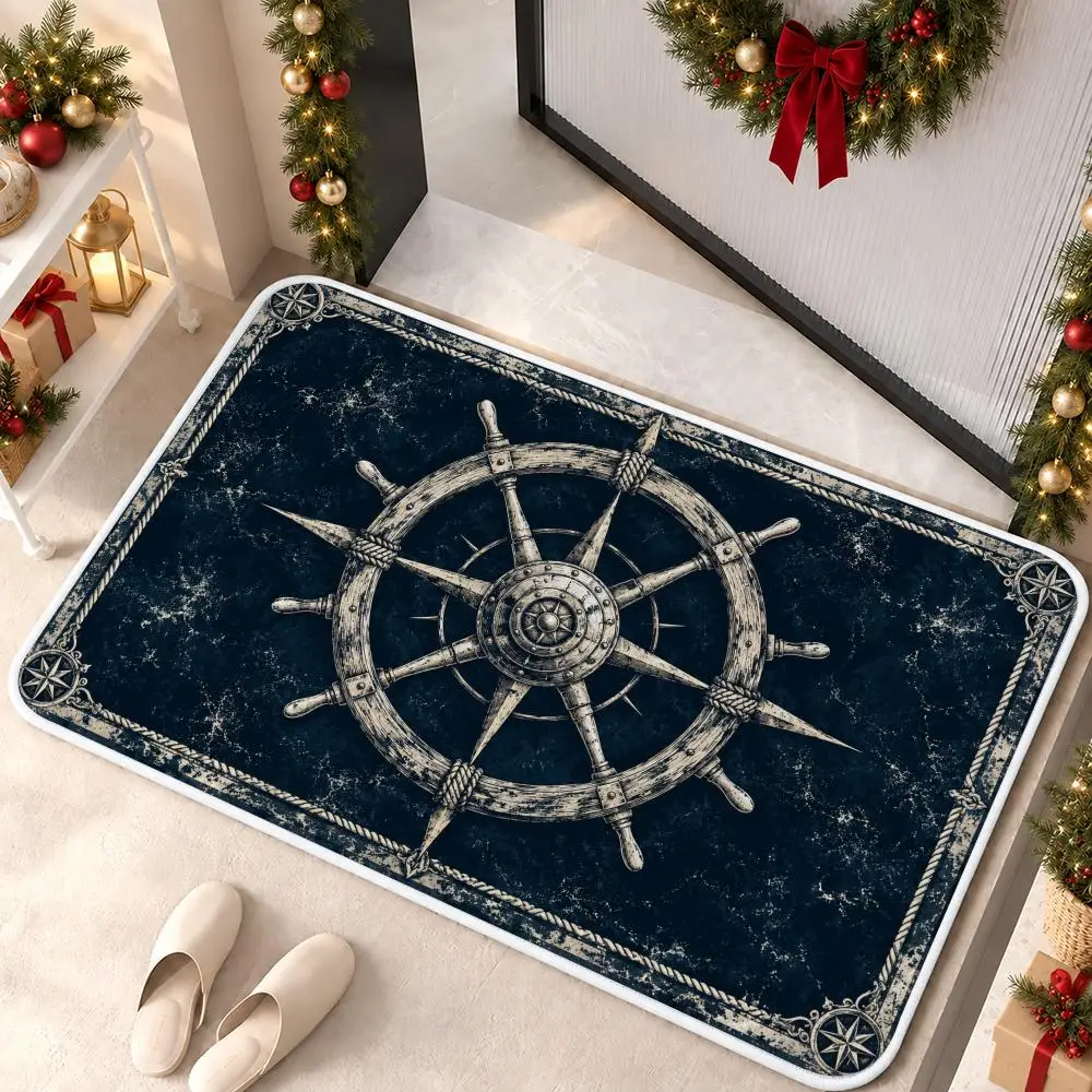 Coastal Nautical Compass Floor Mat Soft Non Slip Flannel Door Mat for Bathroom Kitchen Bedroom Home Decor