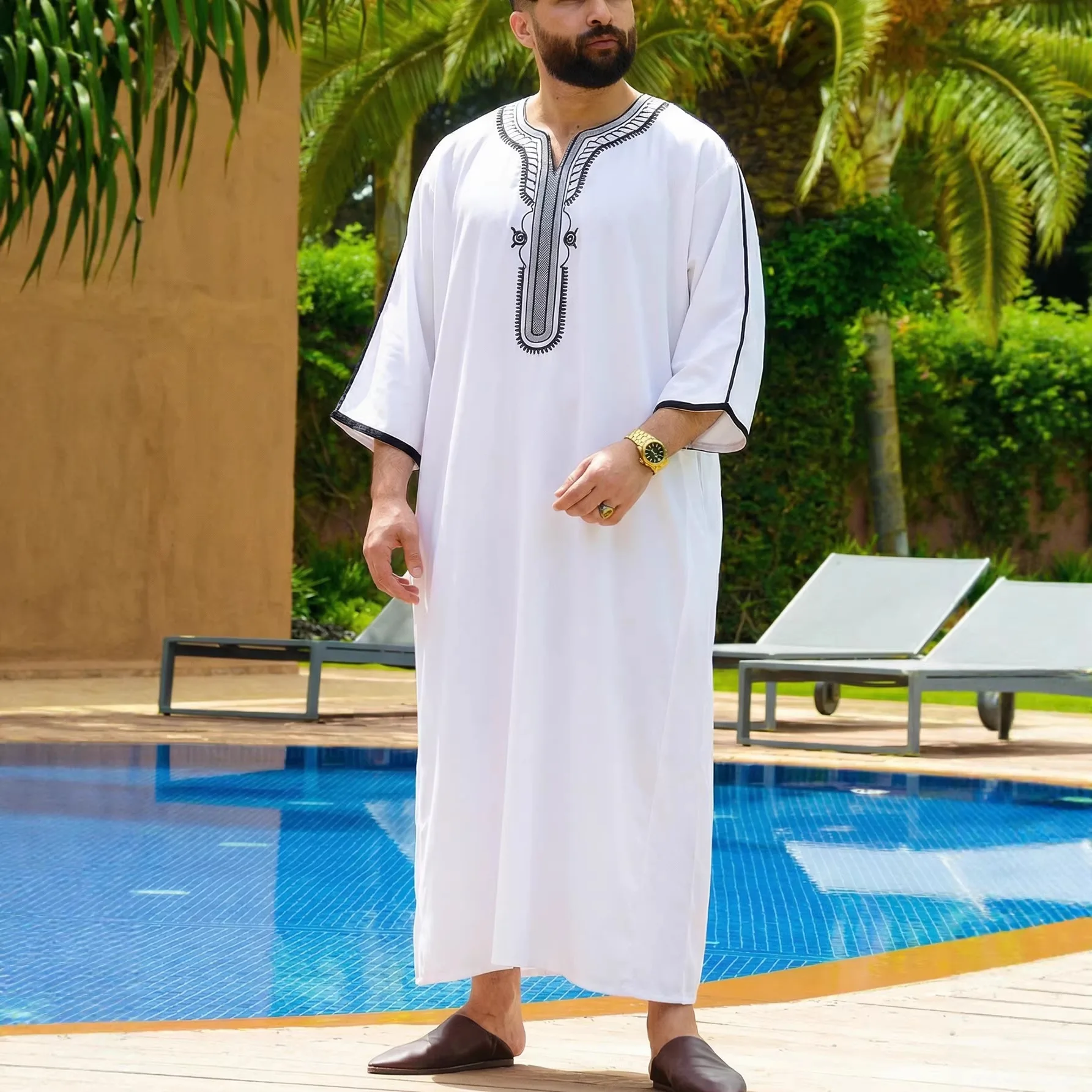 

Arabic Men's Clothing, Muslim Men's Robe With Three-quarter Sleeves, Embroidered Moroccan Style Men's Robe Islam Elegant
