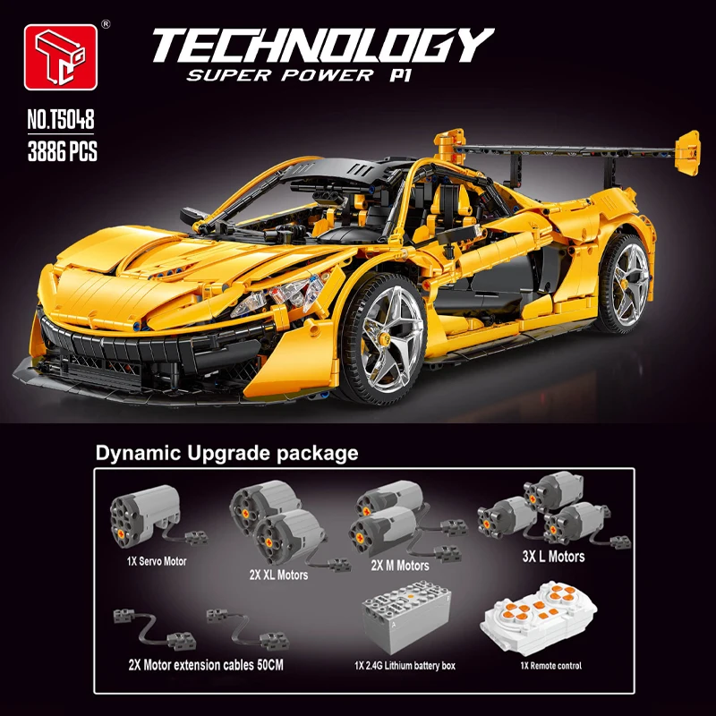 Em estoque 1:8 moc t5048 técnico rc amarelo carro esportivo p1 modelo blocos de construção conjunto carro de controle remoto tijolos brinquedos presente aniversário