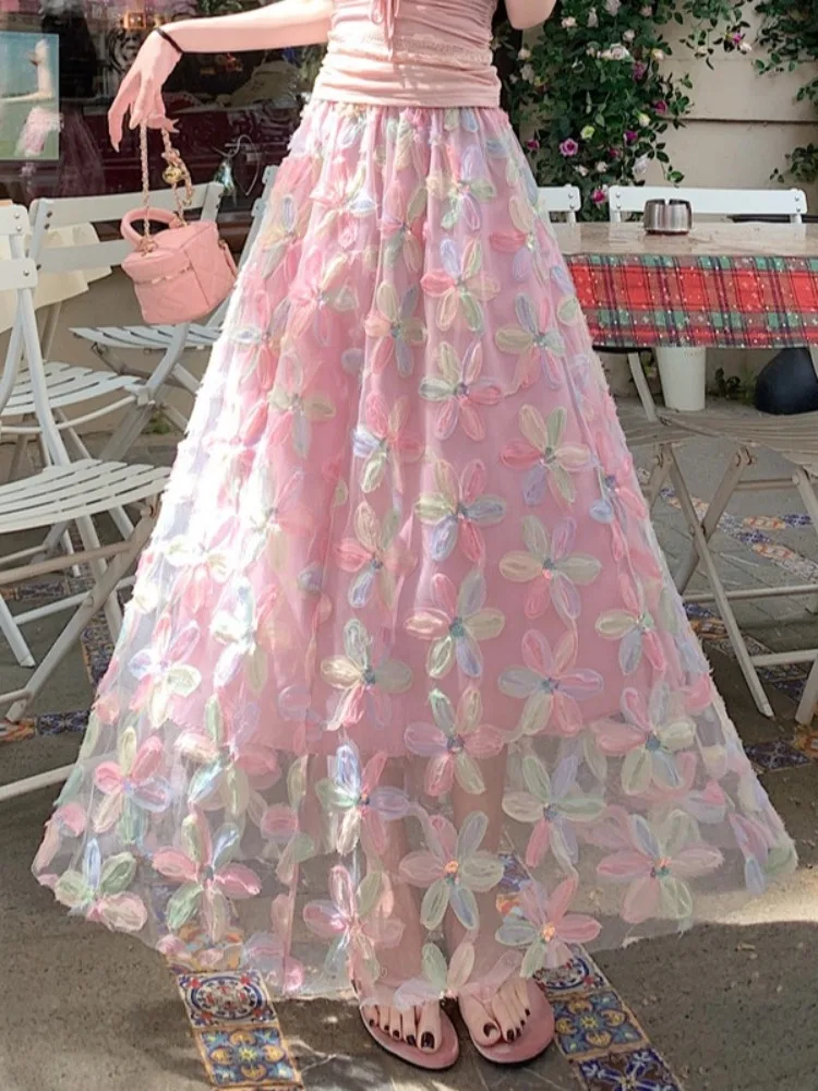 Women's summer new French style heavy industry high-Waist color-blocking floral embroidery sequin mesh umbrella skirt