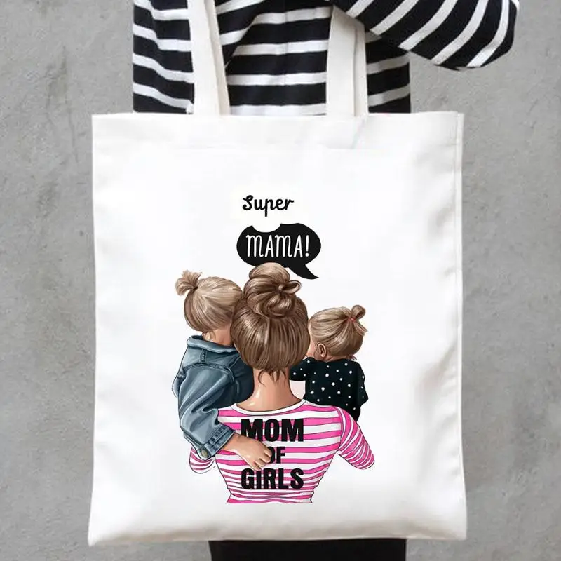 Mom Mama Mother Print  Shoulder Canvas Bags Striped Son Sweet Shopper Handbags Fashion Casual Shopping Girls Women Tote Bag