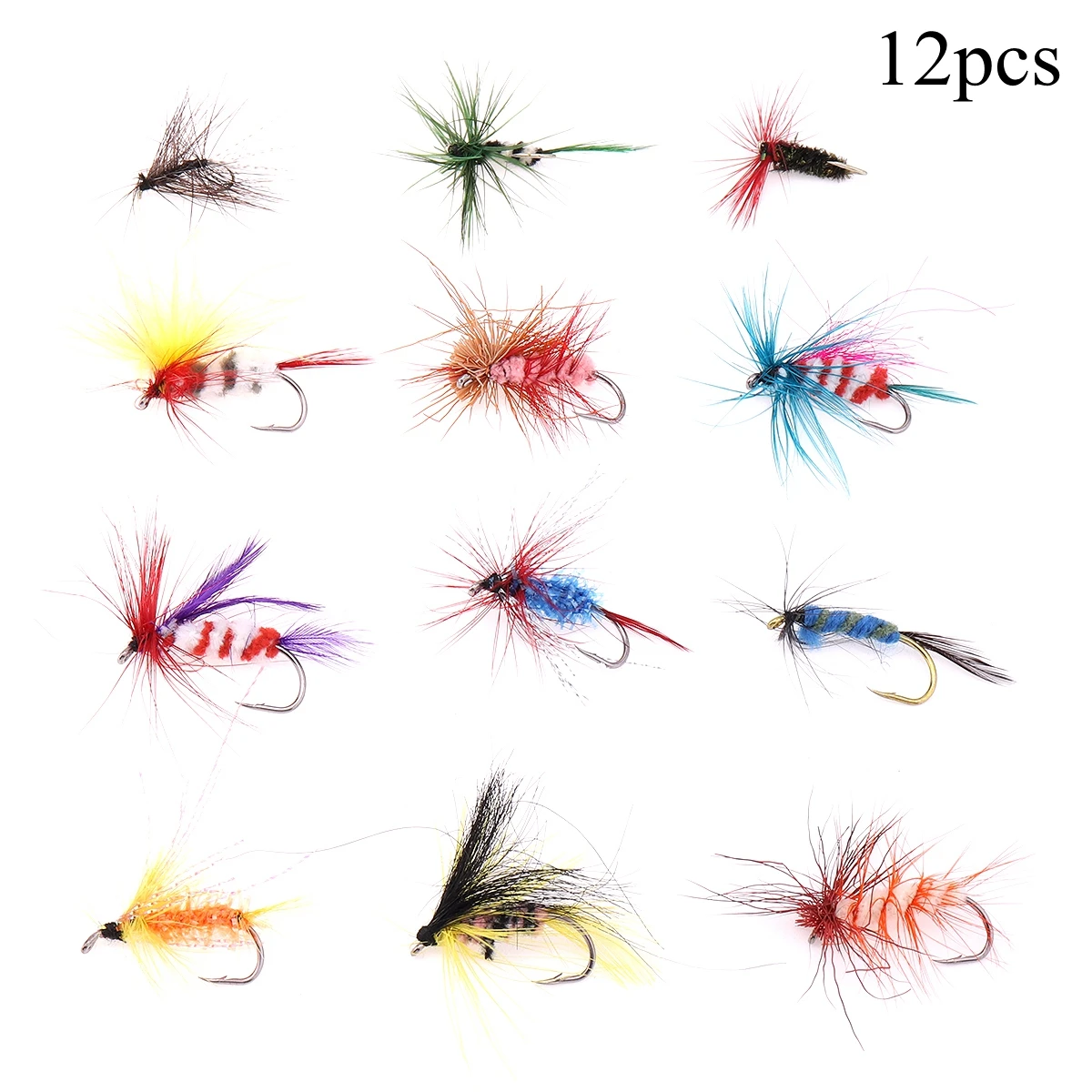 

12pcs Fly Fishing Flies Kit Insect Fly Files Fishing Lure Artificial Fishing Bait Feather Single Hooks Carp Fish Lure