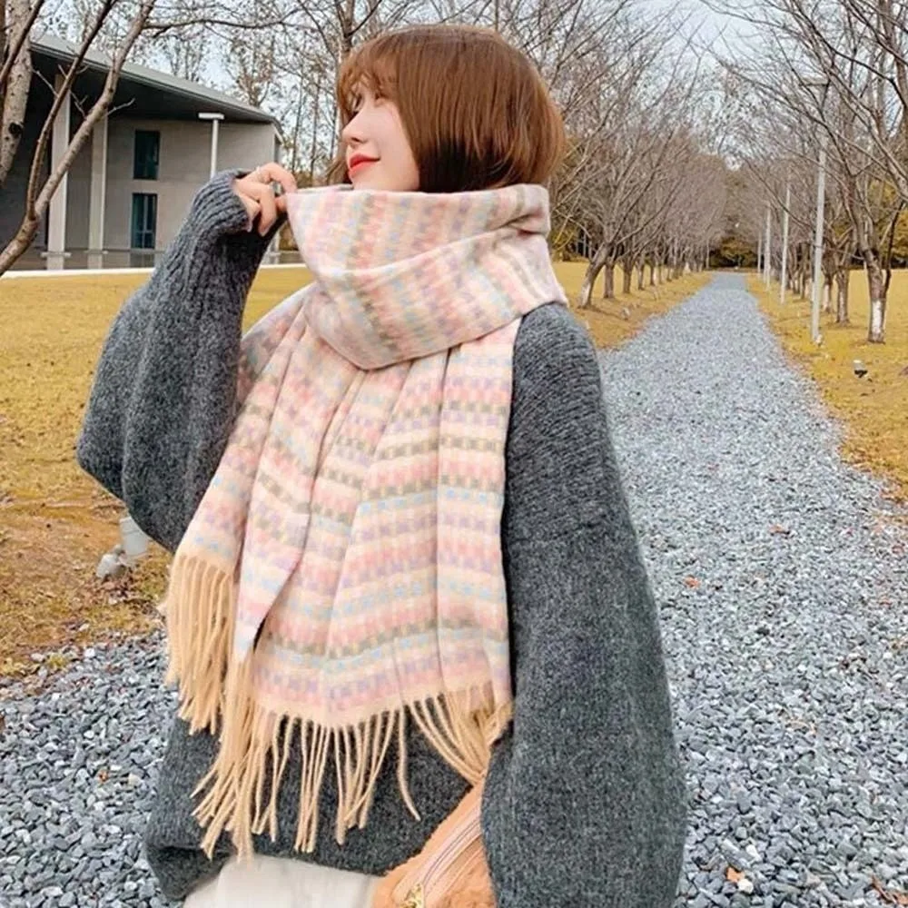 

Soft Dopamine Plaid Scarf Anti-cold Contrast Color Knitted Wool Shawl Korean Style Faux Cashmere Long Neckscarf with Tassel Men