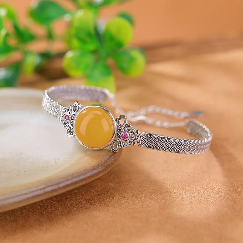 S925 Sterling Silver Blood Amber Ruyi Woven Surface Bracelet Hollow Bangle