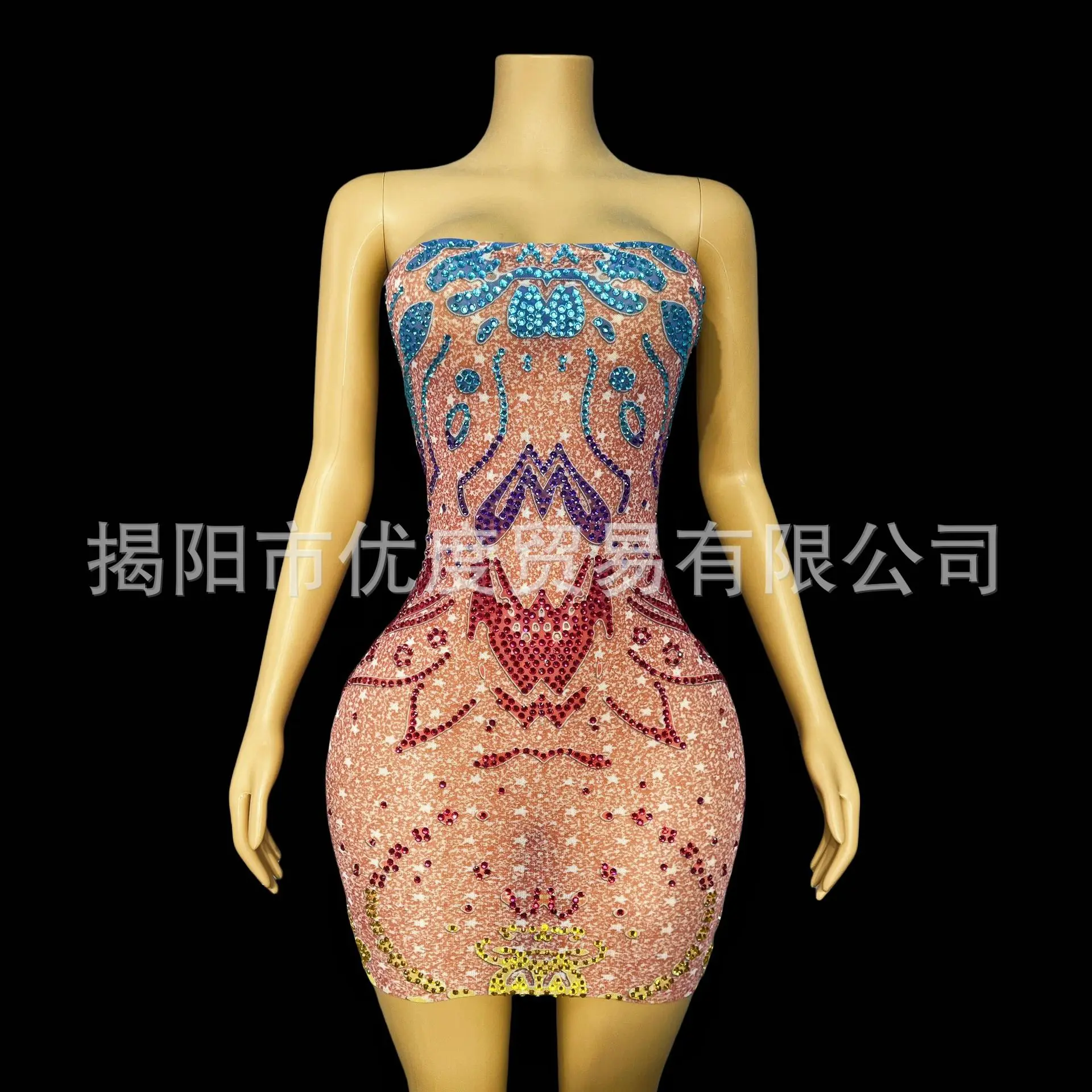 Sexy strass rosa minissaia palco desempenho vestido estiramento malha luz luxo vestido de aniversário estrela flor vestidos de flamenca