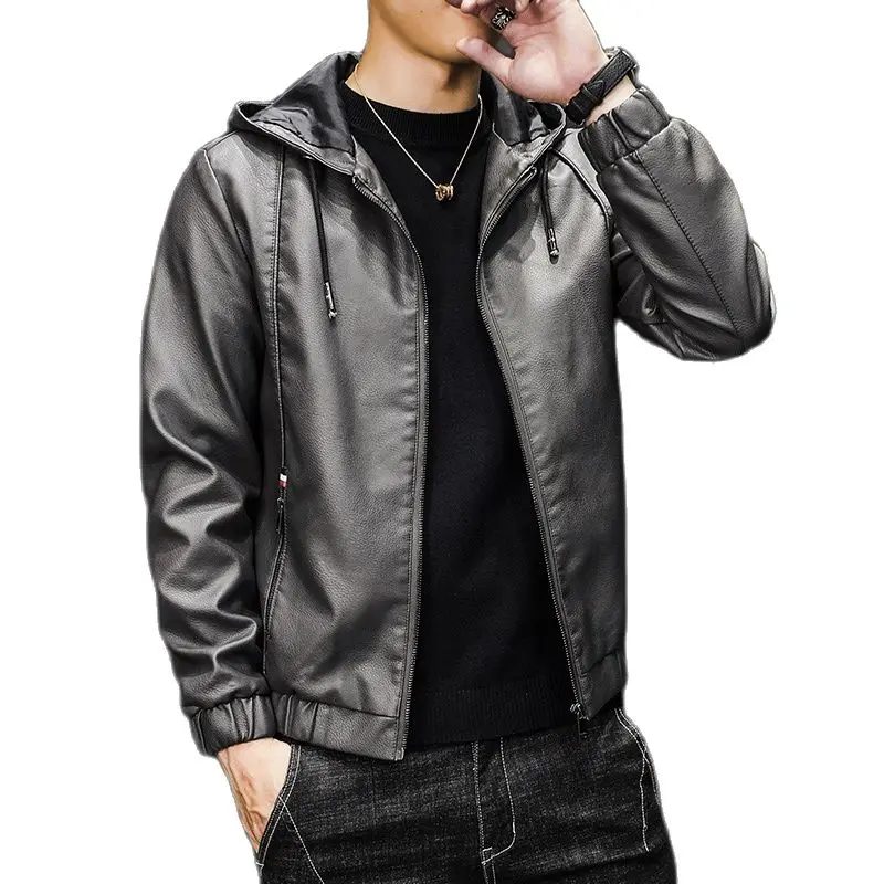 jaqueta masculina Autumn PU Jackets Coats Hoody Men Solid Black Faux Leather  for