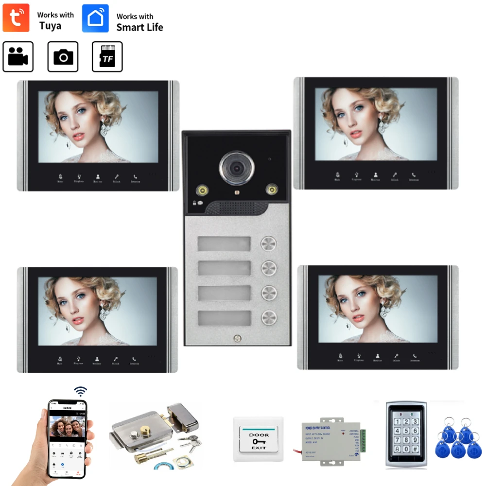 Multi-Family Video Door Phone Home Intercom System Wireless WiFi Smart Video Doorbell 7 Inch with Wired Doorbell TUYA APP