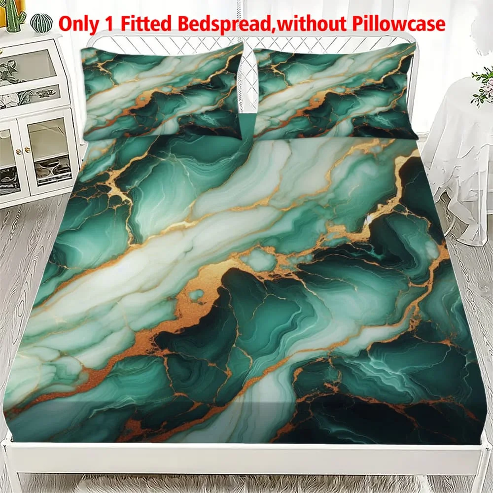 1pc Green Marble with Gold Vein Print Fitted Sheet Deep Pocket Elastic Mattress Cover Single Double Queen King Bedroom Decor