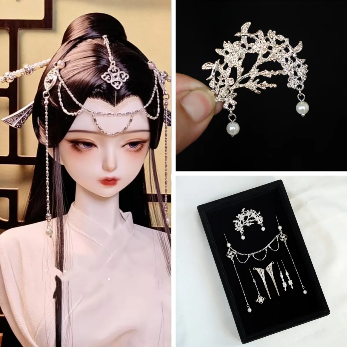 Coiffe en argent de style chinois, chaîne de front / épingle à cheveux à pampilles, ensemble de coiffure Hanfu pour poupée BJD, pièces de bijoux