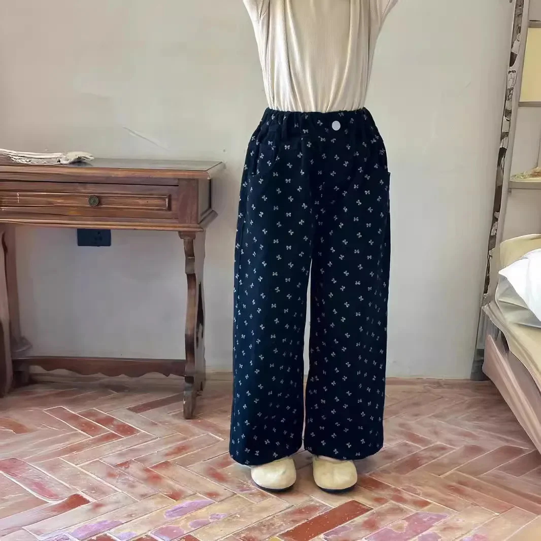 

Wide Leg Pants Trousers Autumn Girl Korean Full Printing Easy Straight Pants Children Causal Versatile 2025 Elastic Waist