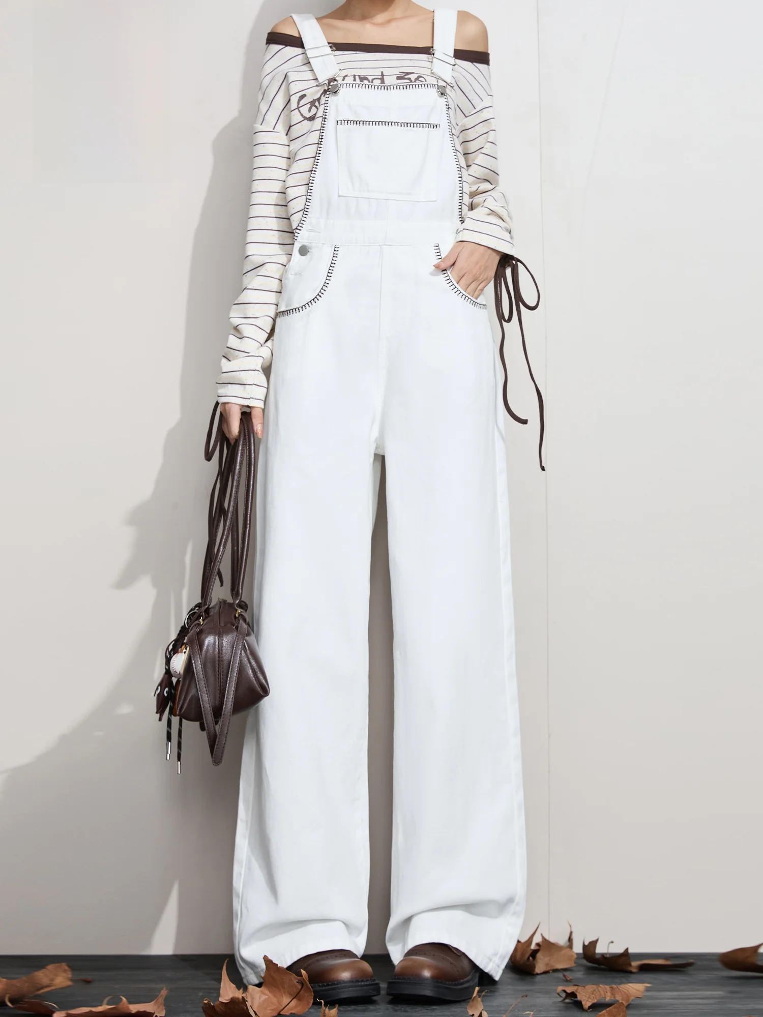 

High Waist Wide Leg Jumpsuit Lazy Sle Women's Jeans Overalls White Cotton Loose Fit Youthful Looking down Lazy Wide Leg Pants