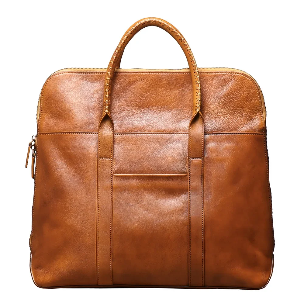 Vintage Men\'s Leather Briefcase Cowhide Laptop Bag with Wipe Color Plant Tanned Leather Shoulder Crossbody File Bag