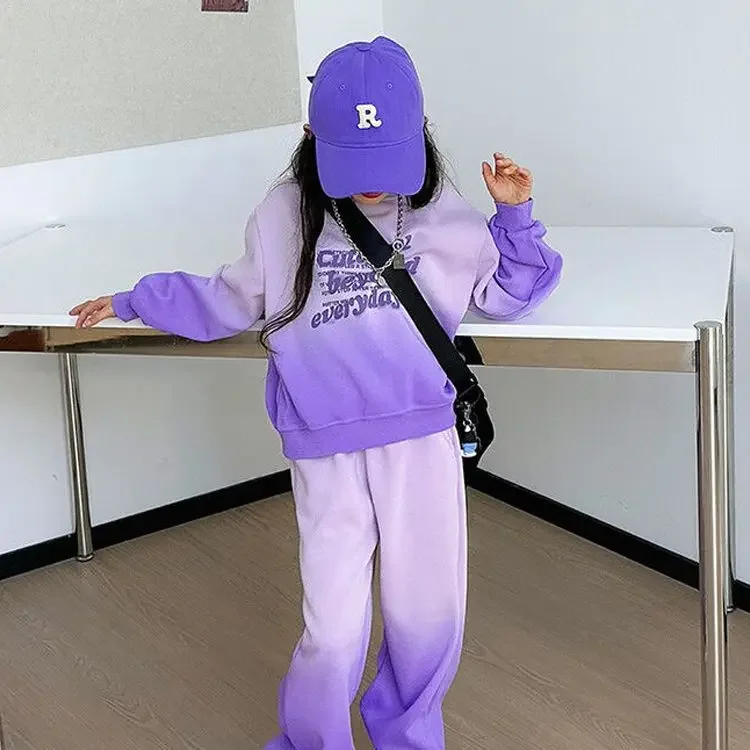 2026 Autumn Girls Kids Tracksuit Children Set Cloth Loose Gradient Sweatshirt Hooded + Wide Leg Pant Suit Teens 4 8 10 12 Year