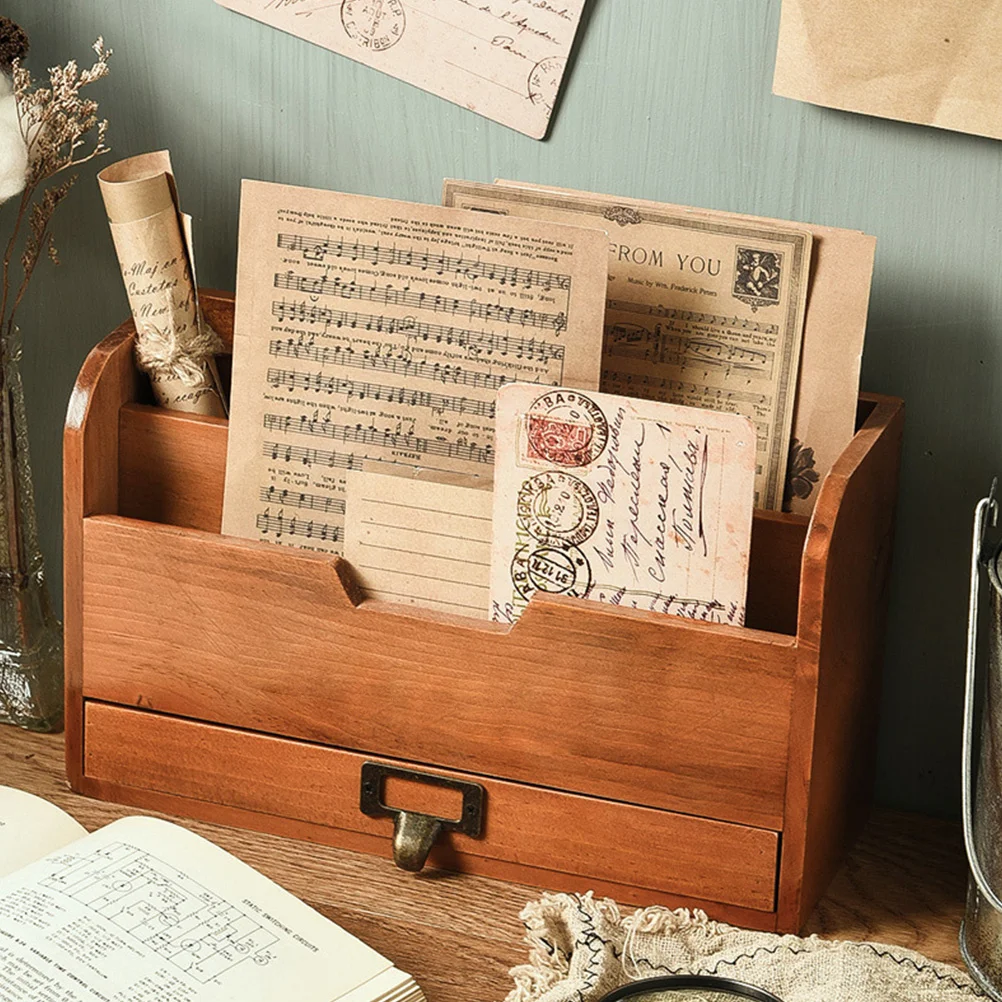 

1pc Wooden Storage Rack Chocolate Desktop Organizer For Books Documents Multiple Compartment Shelf Household Sundries Holder