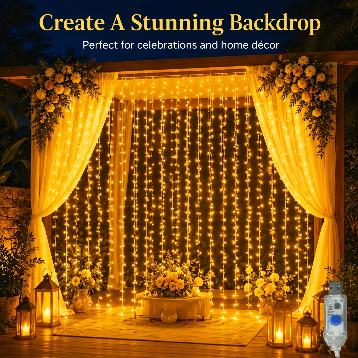 Waterproof Warm White LED Curtain String Lights for Outdoor Fence Patio Garden Wedding Backdrop Window Decor