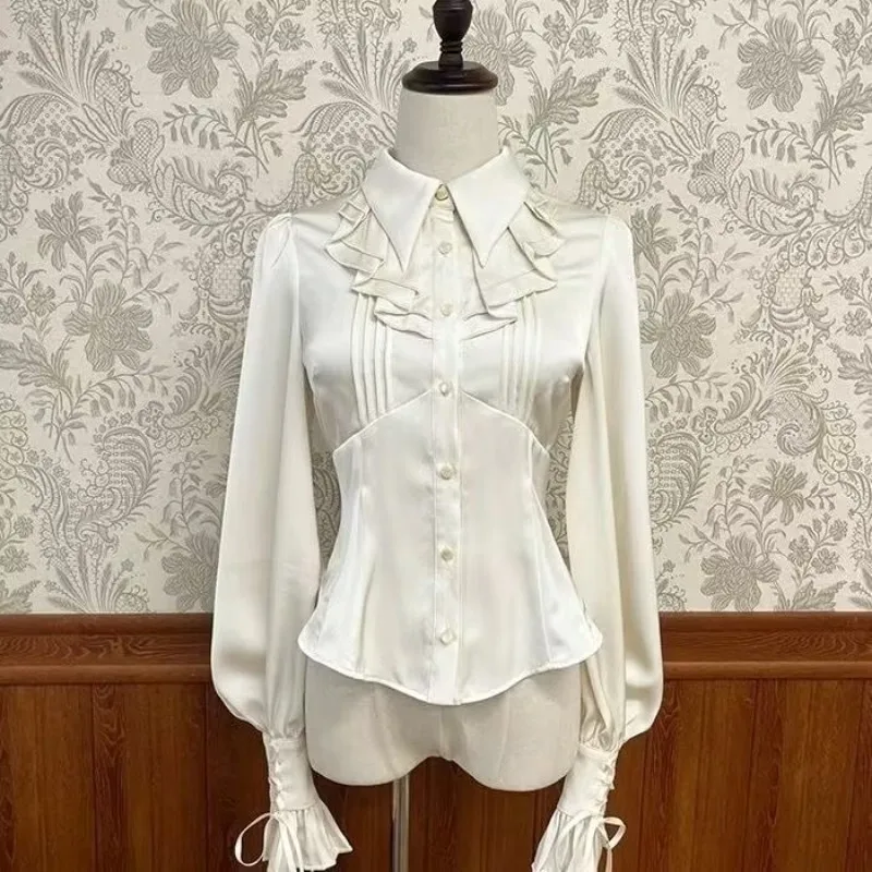 Japanese Vintage Lolita Shirts Women Y2k Ruffles Gigot Sleeve Slim Blouses Female Elegant Princess Shirts Tops Camisas De Mujer