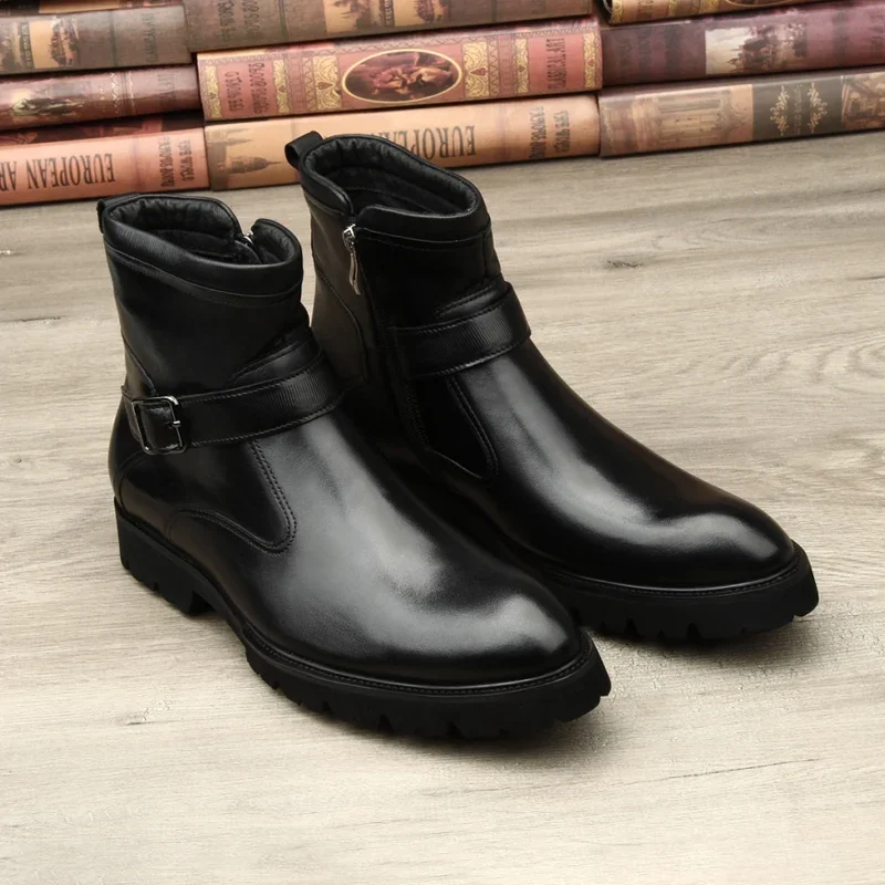 Large Size EUR45 Winter Black Mens Ankle Boots Genuine Leather Boots Male Office Shoes With Buckle