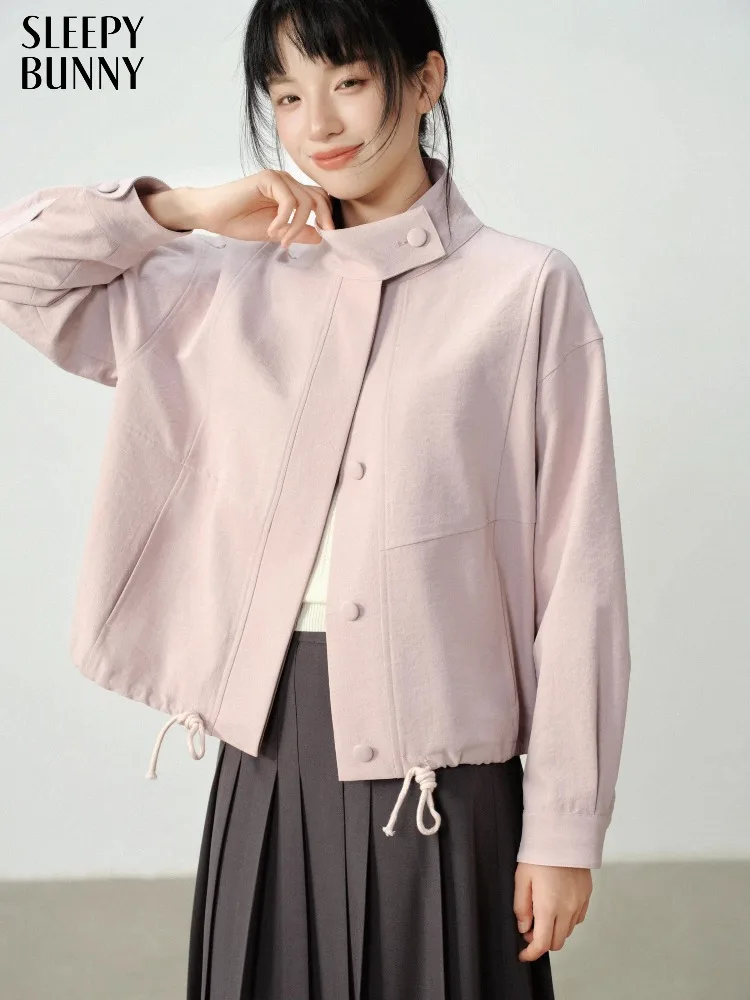 

High Neck Short Jacket Women Loose Fit Drop Shoulder Coat Casual Windproof Outerwear Autumn Lightweight Fashion Streetwear Top