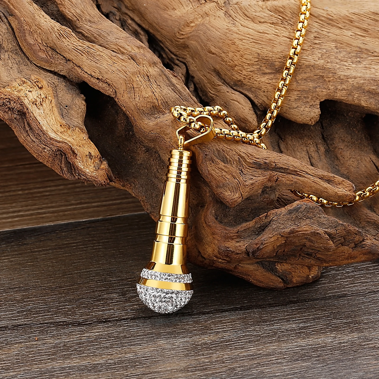 HAOYI Microphone Pendant Necklace Men 18K Gold Color Fashion Hip Hop Rhinestone Hhigh-end Stainless Steel Jewelry Onlyfans Gift