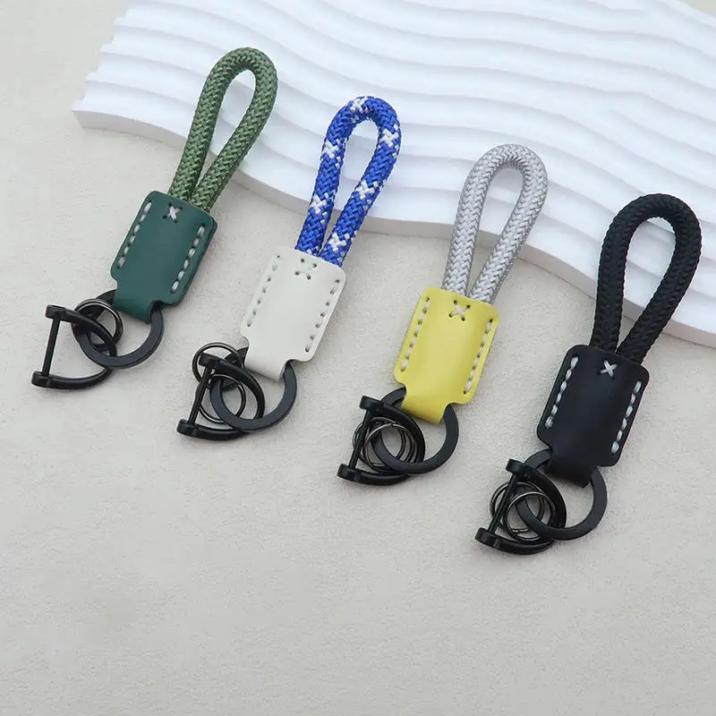 Premium Key Buckle Braided Lanyard With Leather Accent Nylon Wrist Strap Outdoor Anti-Lost Keychain Secure Phone Tether