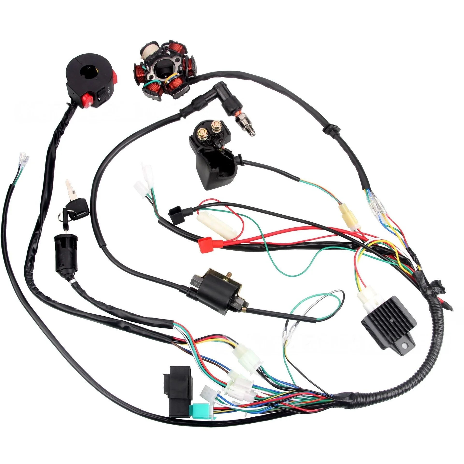Ignition Coil Wiring Harness CDI Spark Plug Rectifier Solenoid Key Switch Magneto Flywheel Stator Kit for 50 70 90 110 125cc