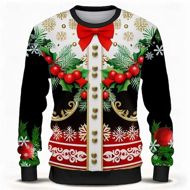 New Year Christmas Men's Crewneck Sweatshirts 3D Printing Bow Tie Cosplay Long Sleeve Pullovers Hoodie New In Mens Party Costume