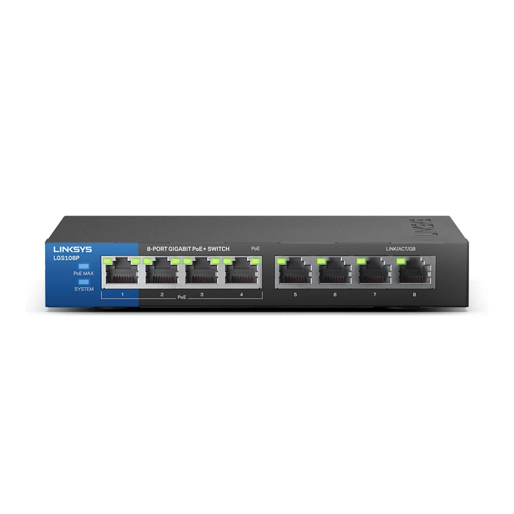 Linksys LGS108P 8-Port PoE+ Switch Business Desktop Gigabit Wired Connection Speed Up To 1,000 Mbps 8 Gigabit Ethernet