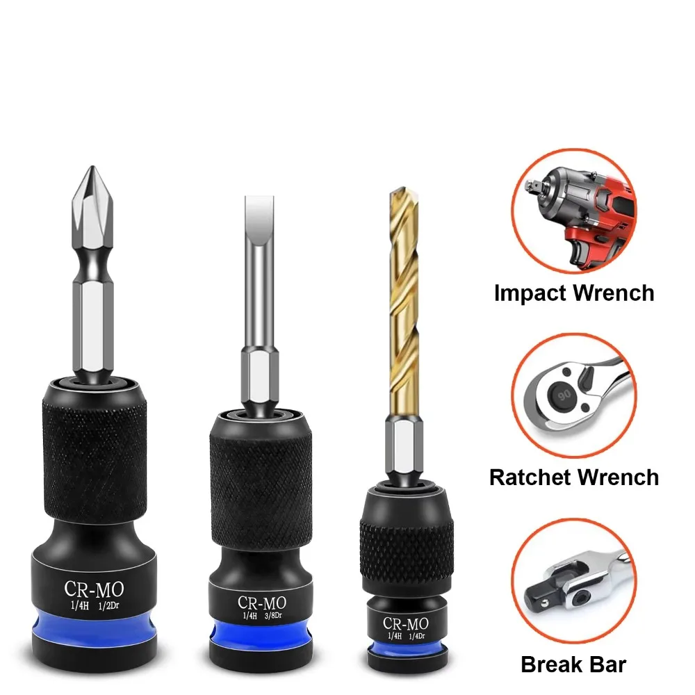 Impact Hex Converter for Screwdriver Bit 1/2 3/8 1/4-Inch Square Drive to 1/4-Inch Quick Release Hex Socket Wrench Adapter