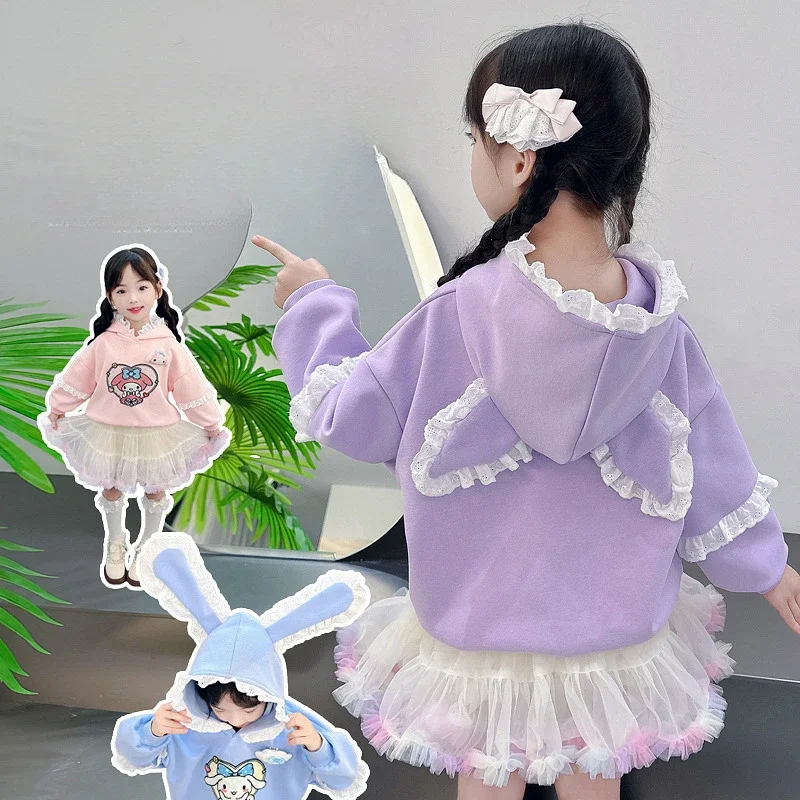 Kawaii Cinnamoroll Kids Ruffle Hoodies Pullover with Rabbit Ears Sanrio Anime Tutu Skirt My Melody Kuromi Long-sleeves Top