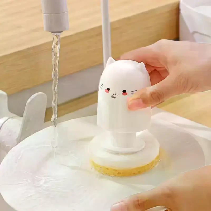 لطيف القط المطبخ برو الإسفنج قماش الأطباق وعاء فرشاة لب الخشب القطن ماجيك فرشاة تنظيف أداة خاصة لحرق المطبخ #4