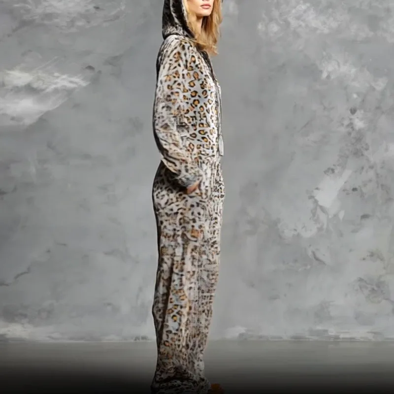 

Новый женский повседневный комбинезон-ромпер из вельвета с капюшоном, леопардовым принтом, длинными рукавами на молнии, свободные брюки-клеш, весенний