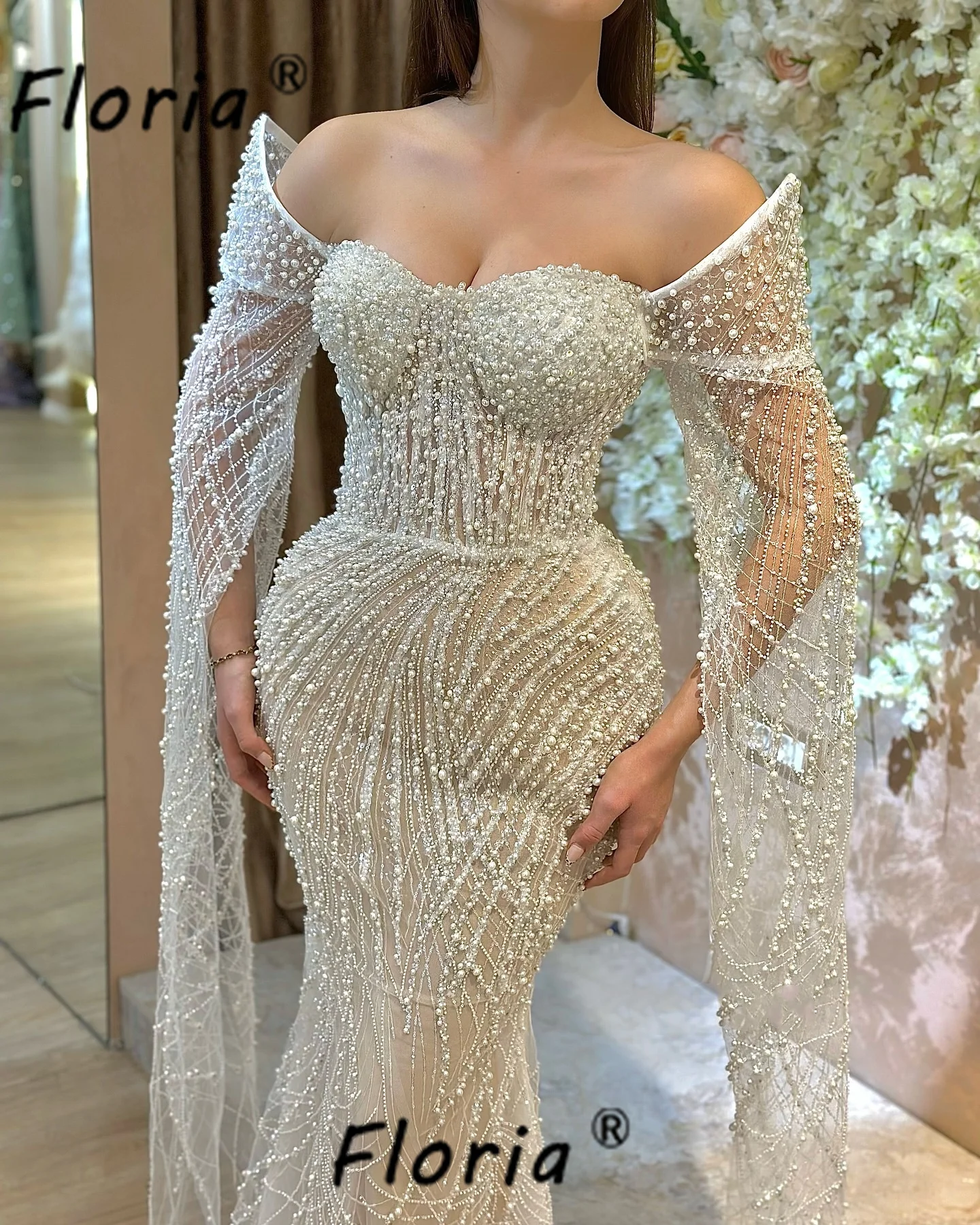 Robe de Soirée Élégante en Forme de Sirène avec Perles Ivoire, Tenue de Luxe Personnalisée avec Manches Cape, Style Arabe Dubaï, 2025