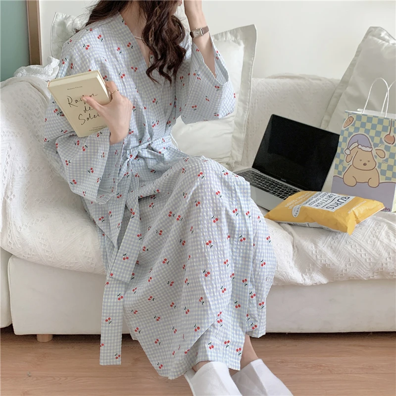 Cherry Plaid Robe Lovely Autumn Cotton Bathrobe Long Kimono Pajamas Nightgown Lace Up V-Neck Long Sleeve Night Dress Sweet