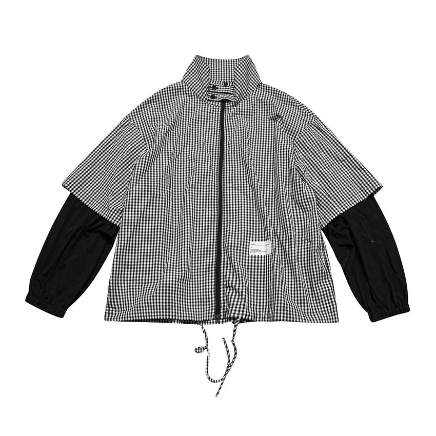 

Plaid Splice Long Sleeve Jacket for Men and Women Couples Stand Collar Streetwear Vintage Fashion Loose Casual Cargo Jacket Coat