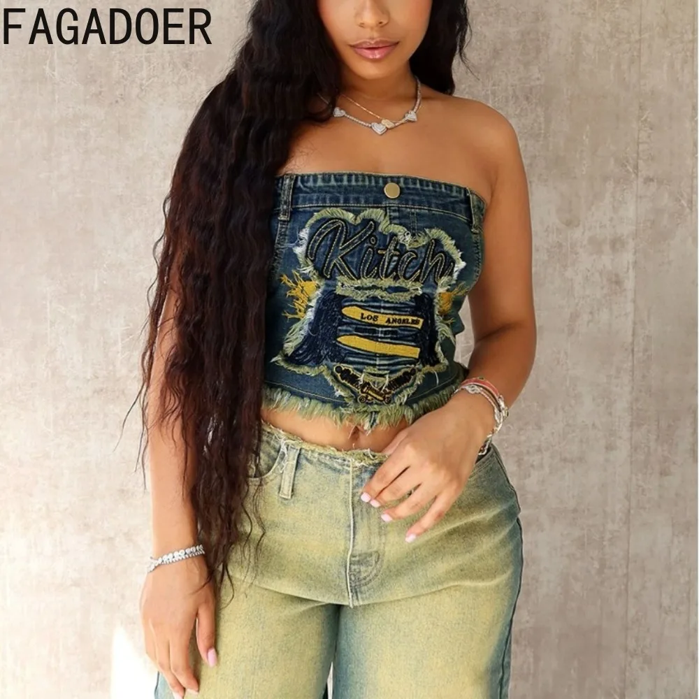 

FAGADOER Pattern Embroidery Denim Tube Tops Quality Stretchy Denim Retro 90s Summer 2024 Wild Streetwear Y2K Hipsters Crop Tops