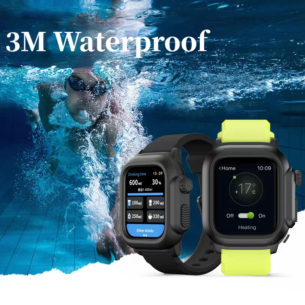 IP68 Waterproof Cover For Apple Watch Case 9 8 7 45mm Outdoor Sport Silicone Wristband iWatch 6 5 4 SE 44mm 40mm 3 2 42mm Strap