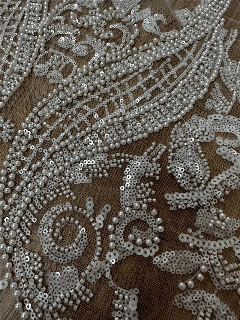 Gorgeous Heavy Beads High Quality Beaded Sequins Pearls white lace fabric embroidered for wedding dresses Sell By  Yard