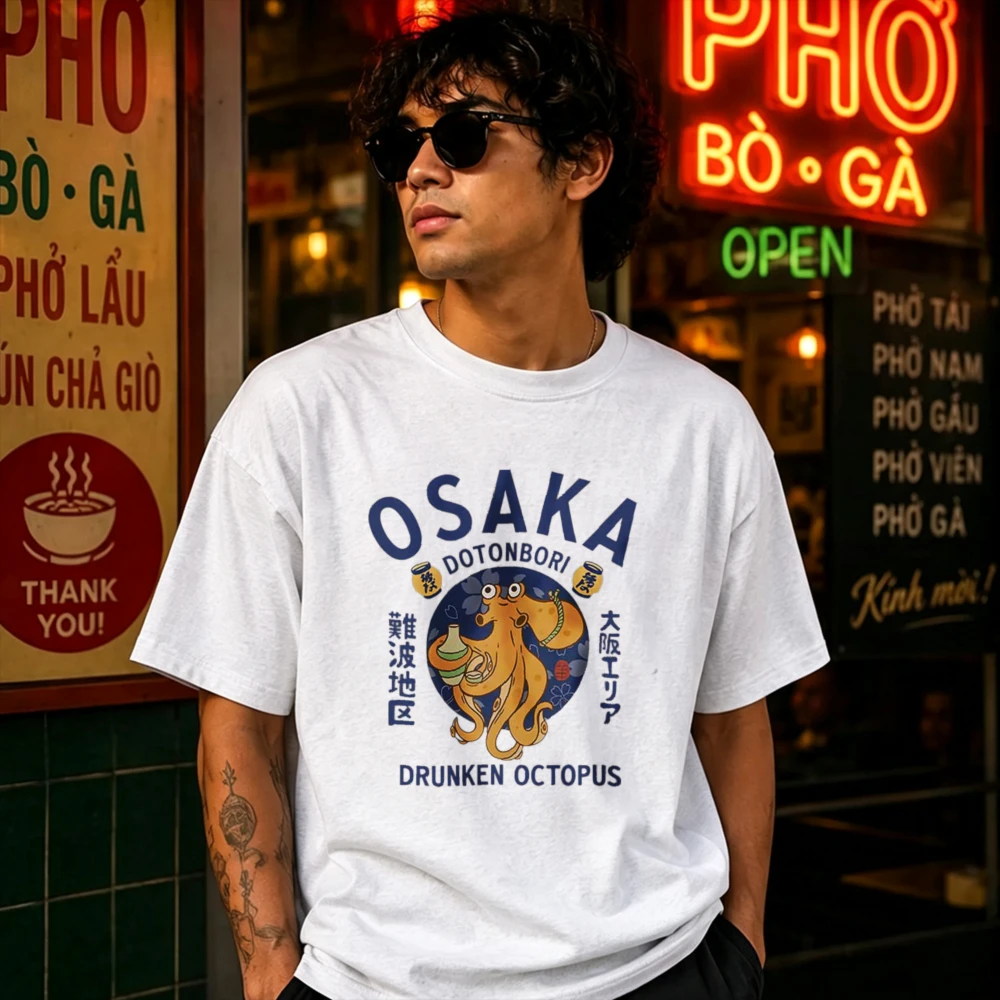 Vintage Distressed OSAKA DOTONBORI Drunken Octopus Japanese Kanji Cotton Tshirt Retro Food Streetwear Loose Unisex Daily Tee Top