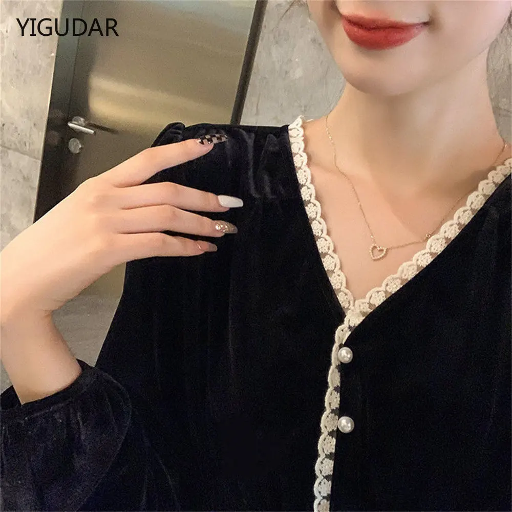 

Sexy Women Blouse Deep V Neck Lace Trim See Through Polyester Long Sleeve shirt Blouse Top Women's Clothing blouse tops 2022