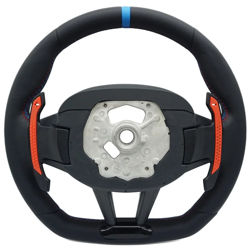 For BMW Steering Wheel Horn Cover CS Genuine Leather Blue Center Mark Three Color Line With Paddles Vibration No Button Horn