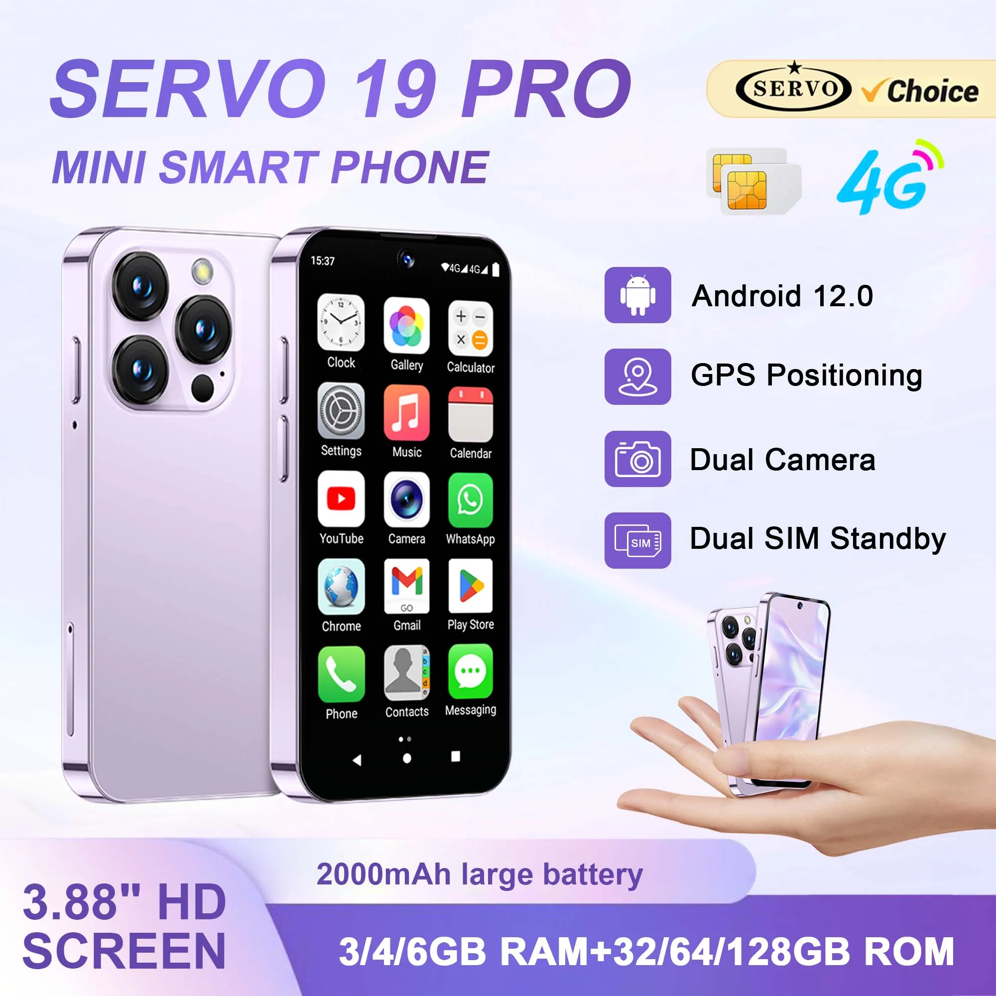 SERVO 19PRO 4G LTE Unlocked Mini Smartphone Android 12 RAM 6GB ROM 128GB Dual SIM GPS OTG Play Store 3.88