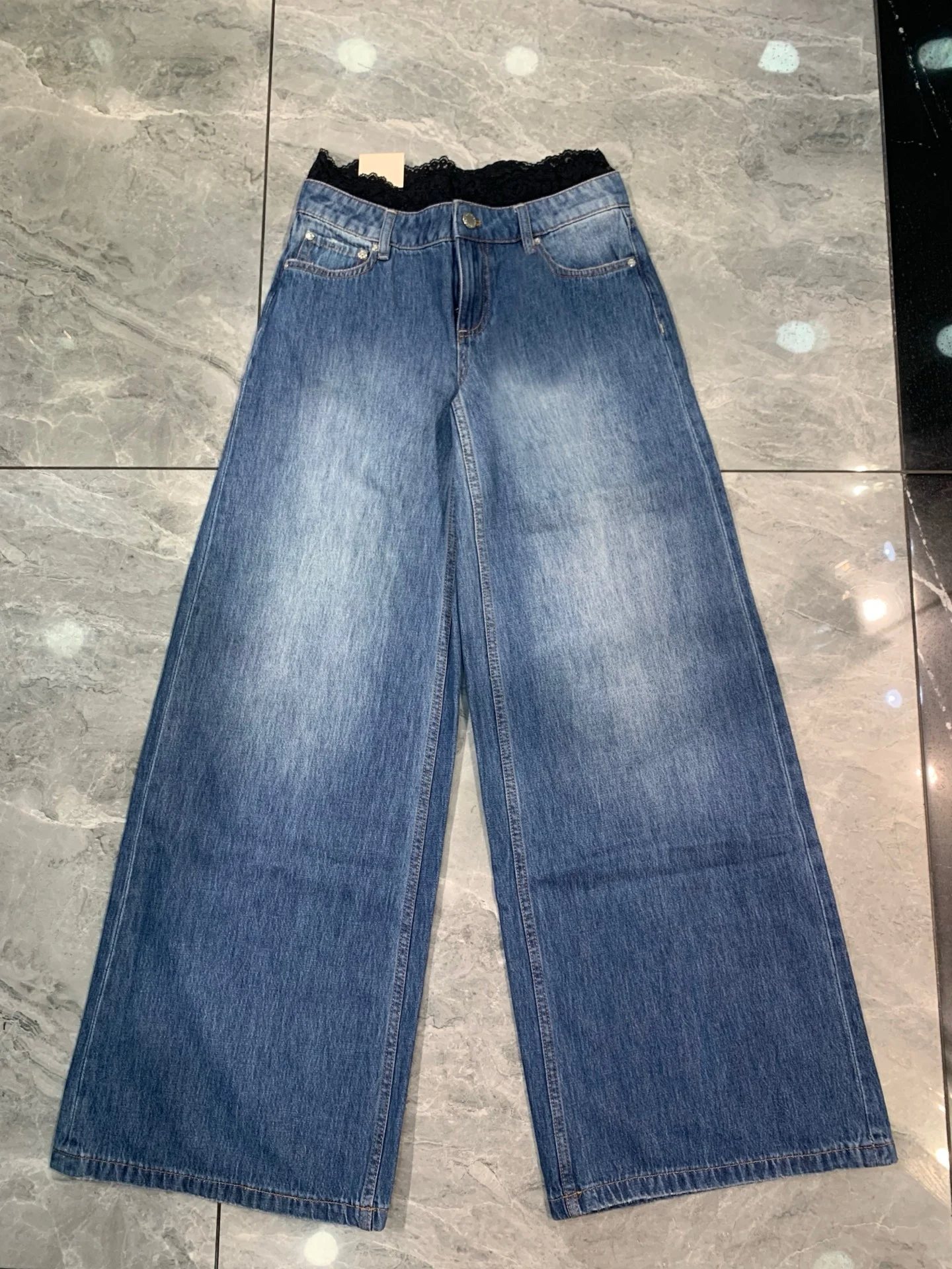 Women's Loose Blue Wide Leg Pants Lace Spliced Denim Trousers High Waist Casual Cotton Jeans