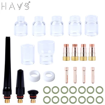 34pcs TIG Welding Torch Accessories Stubby Gas Lens 4#~12# High Temperature Glass Cup Kit Fit WP17/18/26 Soldering Supplies