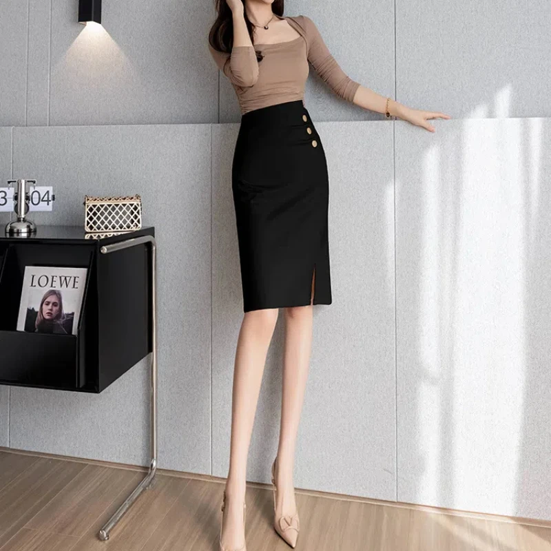 New Spring and Summer Women\'s Solid Colors High Waist Zipper Slim Bag Hip A-Line Button Folds Fashion Casual Commuter Skirt