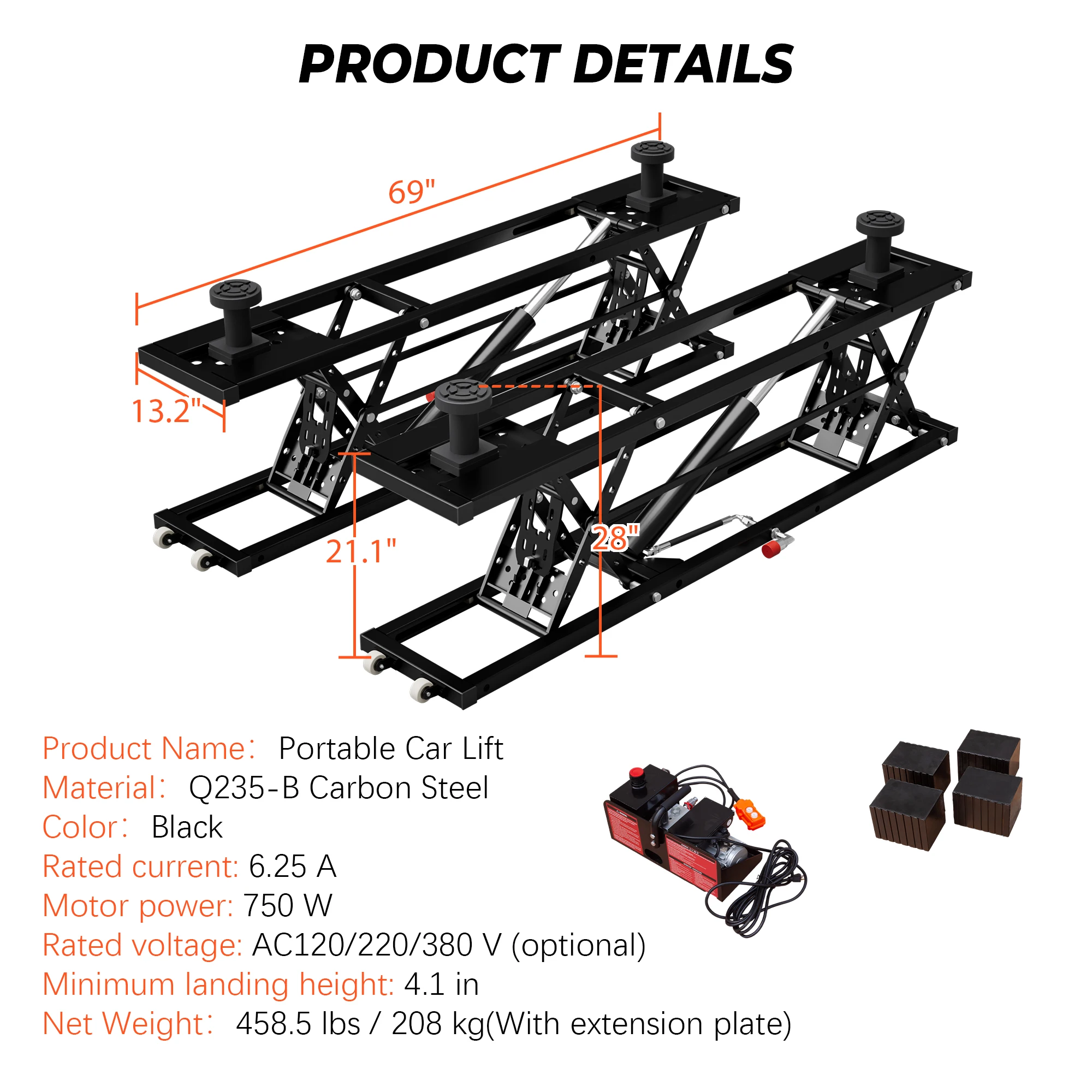 9000 LBS Portable Electric Hydraulic Vehicle Car Lift Hoist 28 Inch Max Height 11.5 Inch Extension Plates Q235-B Steel for Sedan SUV Pickup Garage