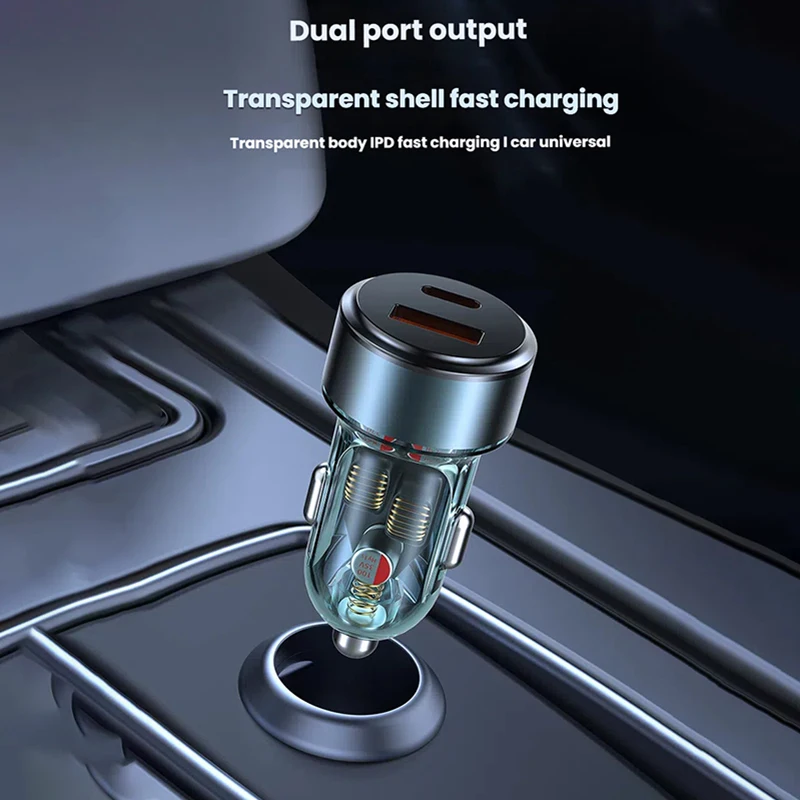 

Fast Car Charge PD30W Transparent Aluminum Alloy Dual-Port USB Type-c Multi-Function Fast Charge QC4.0 Car Charger For iPhone
