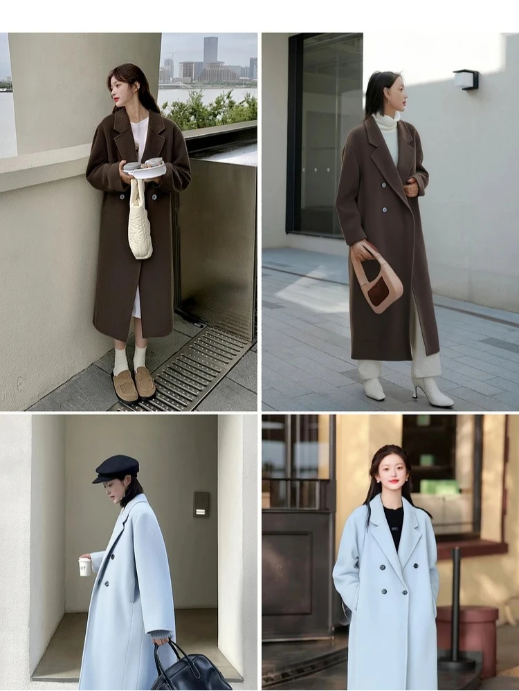 SENTUBILA Damen 100% Wolle Doppelseitiger Mantel Winter 2026 Anzug Reverskragen Klassischer Pendlerstil Langer Übermantel W54OA8779 – Detail 10